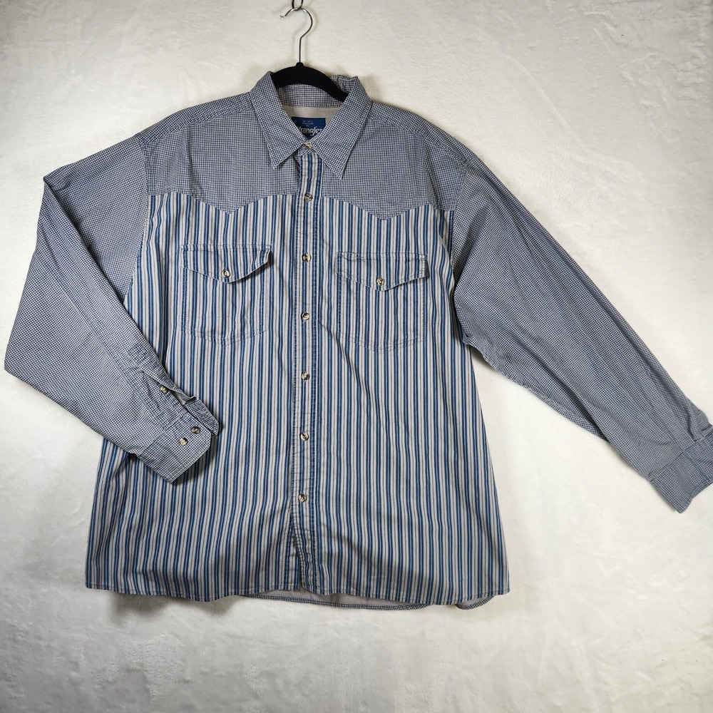 Vtg Wrangler Western Shirt Mens XL Long Sleeve Blue Stripe Plaid Cowboy Rodeo‎